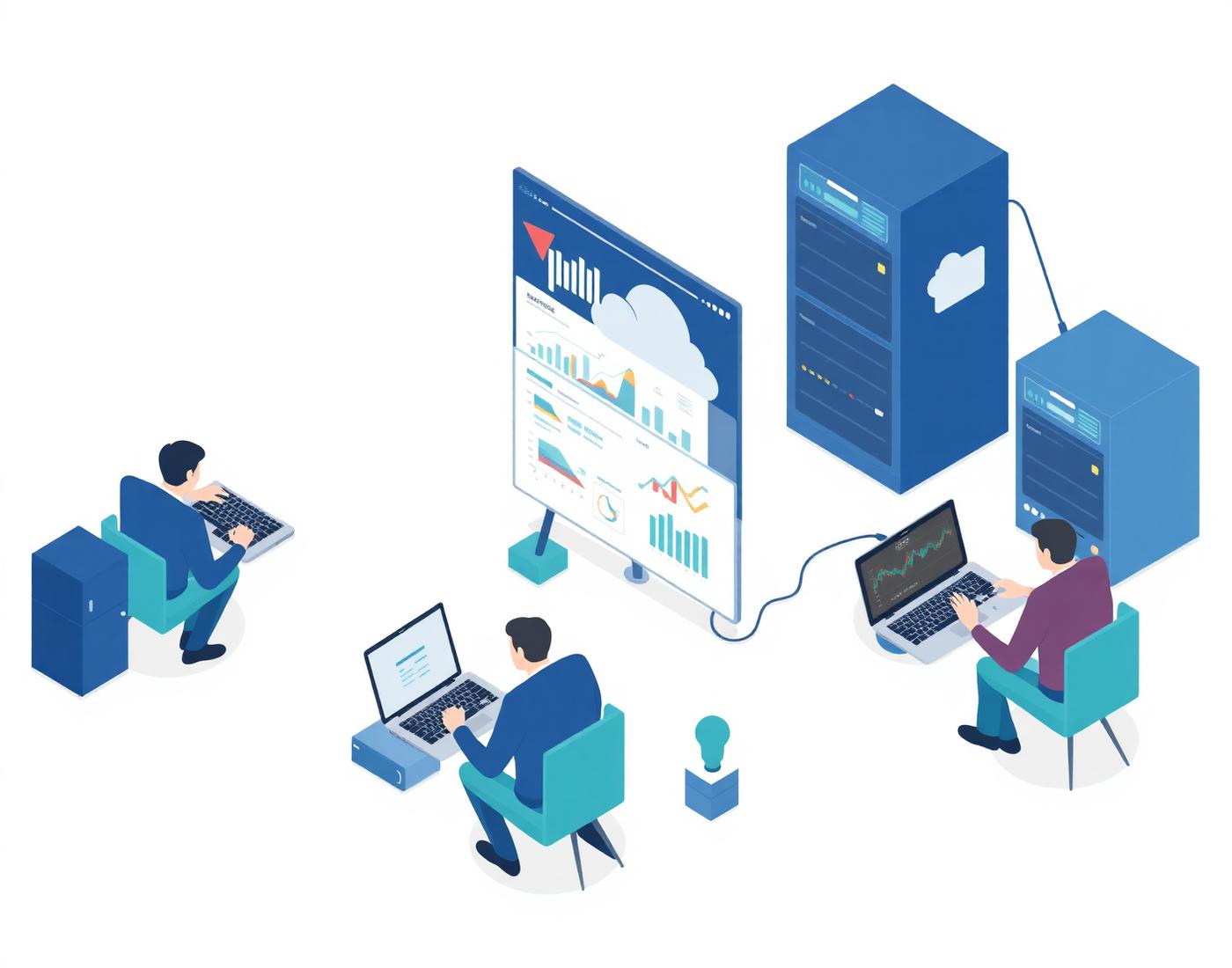 Software team collaborating with dashboards, cloud, and analytics